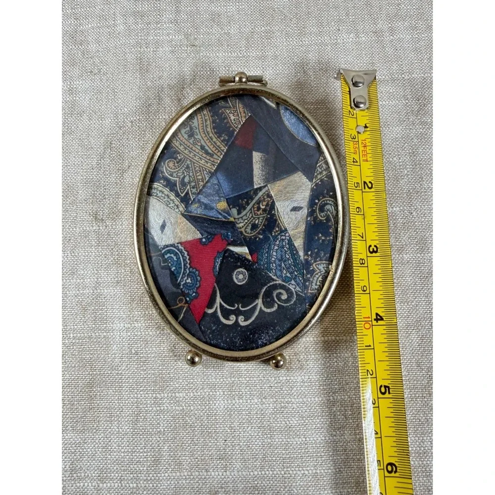 Vintage Oval Gold Picture Frame with Navy Paisley Silk, Tabletop